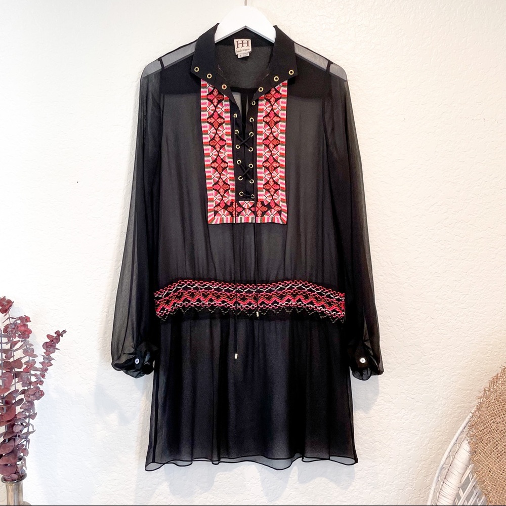 Haute Hippie Embroidered Sheer Black Tunic Dress Resort Wear Beach Cover Up Sz S